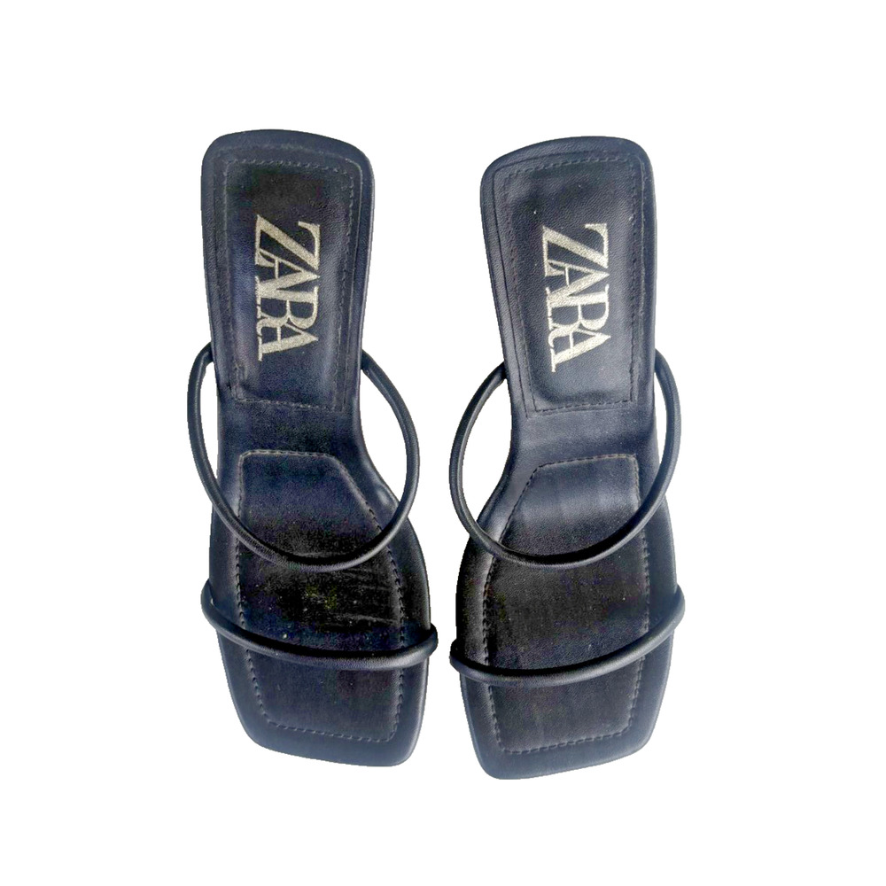 Zara Black Strappy Square-Toe Heeled Sandals